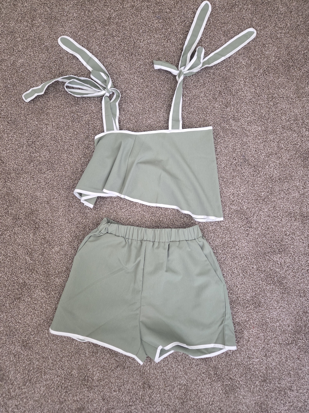 Tie-Strap Sage Green Shorts Set with White Trim